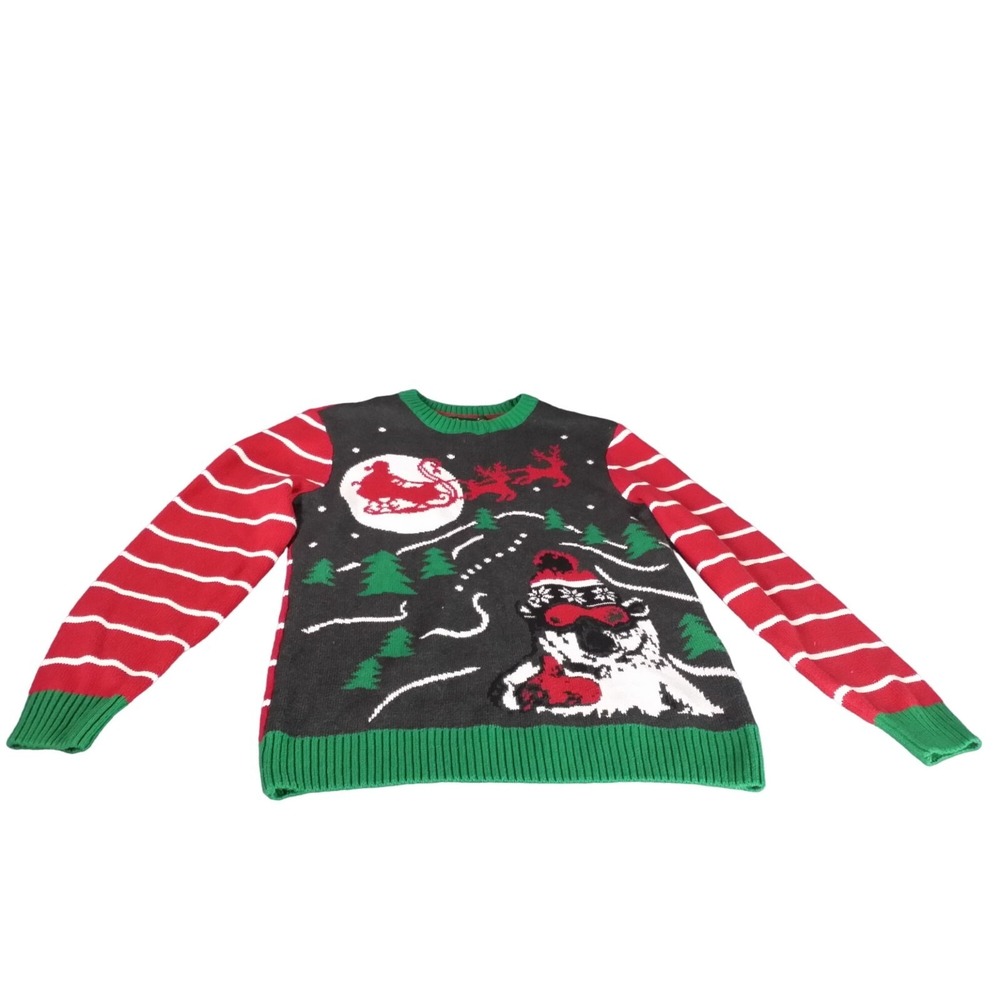 Ugly Christmas Sweater Mens Small Skiing Polar Bear Santa Sleigh Holiday Knit